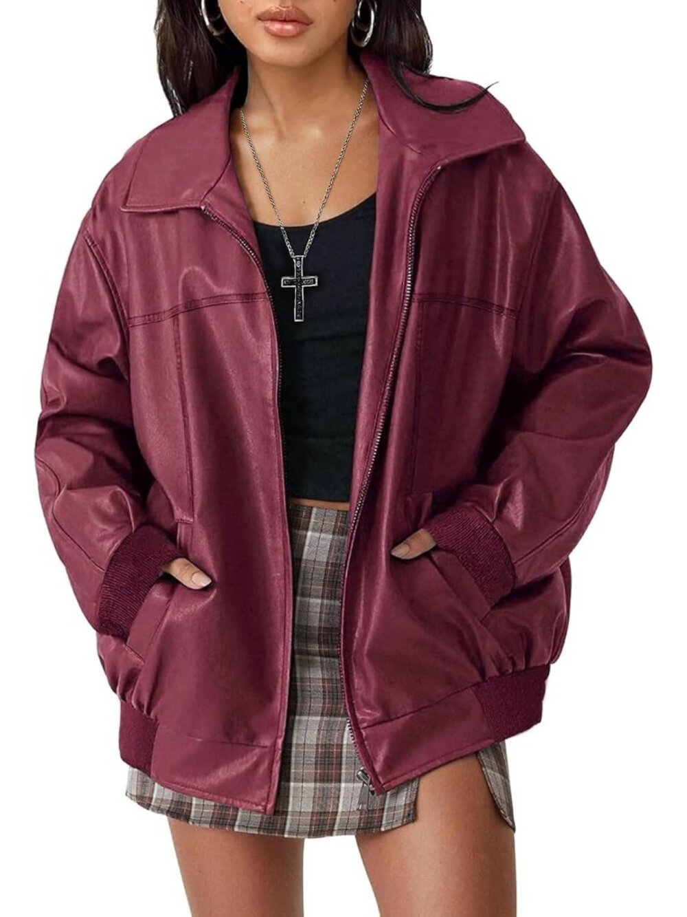 Women's Wine Red Faux Leather Oversized ZIP Up Coat Moto Biker Bomber Jacket